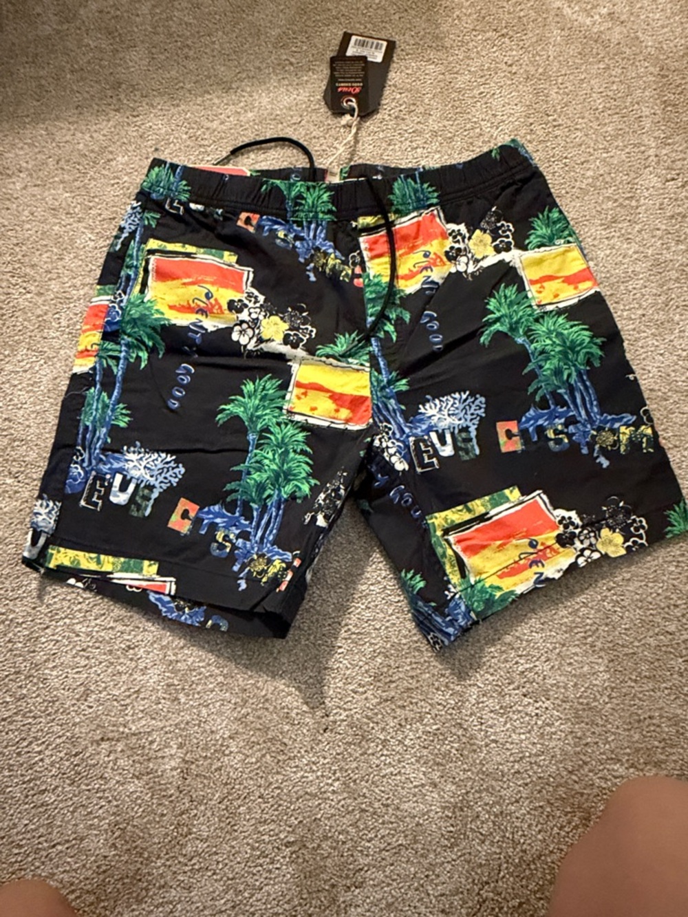 Black Tropical Print Swim Board Shorts with Multicolor Palm & Sunset Motifs